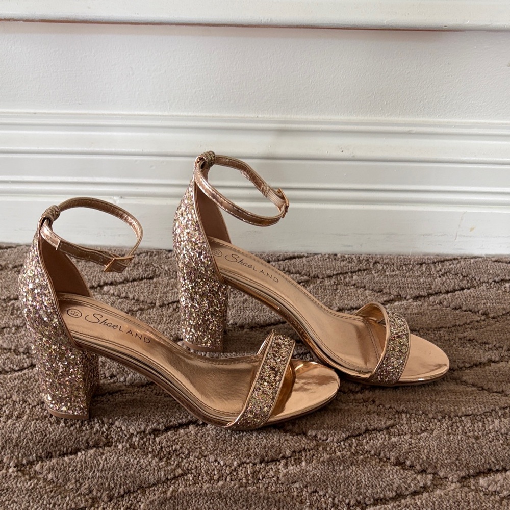 Shoeland Women's Rose Gold Glitter Block Heel Sandals with Ankle Strap